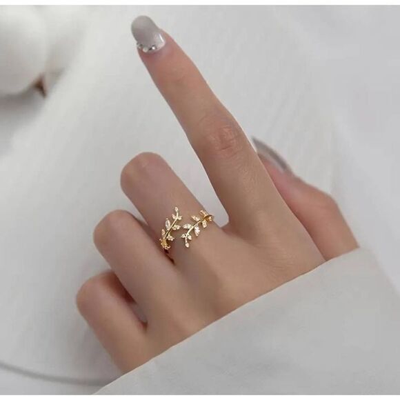 Elegant Finger Ring Leaf Shape With Zircon Adjustable Open Cuff Ring Delicate Fo - Picture 3 of 10